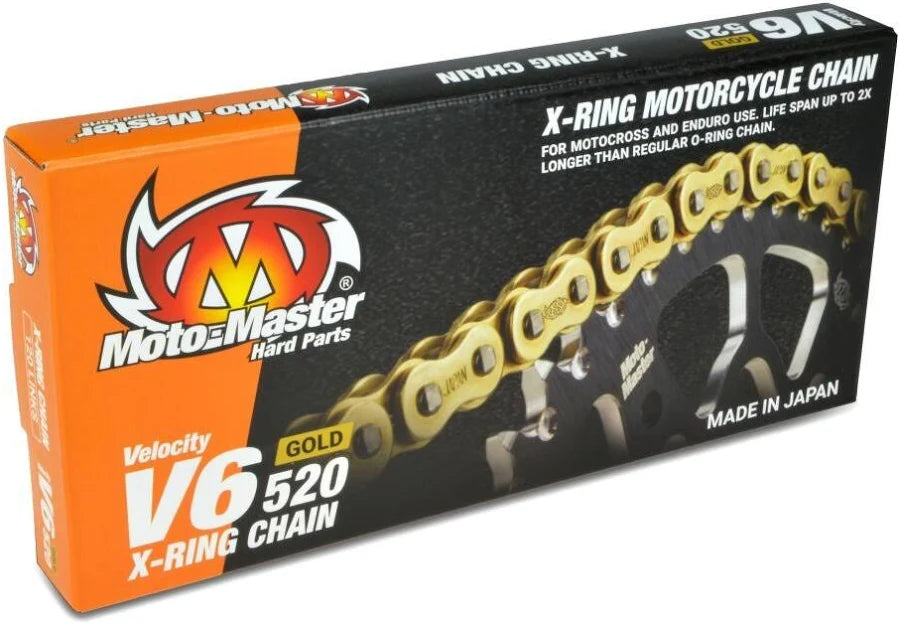 Moto Master V6 offroad/enduro X-ring ketting 520 x 120 Links Goud + Klinkschakel